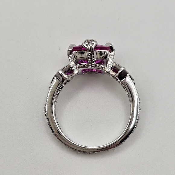 Art Deco Sterling 925 Princess Cut Pink Sapphire With CZ Accent Ring Size 5.75 - Picture 6 of 12